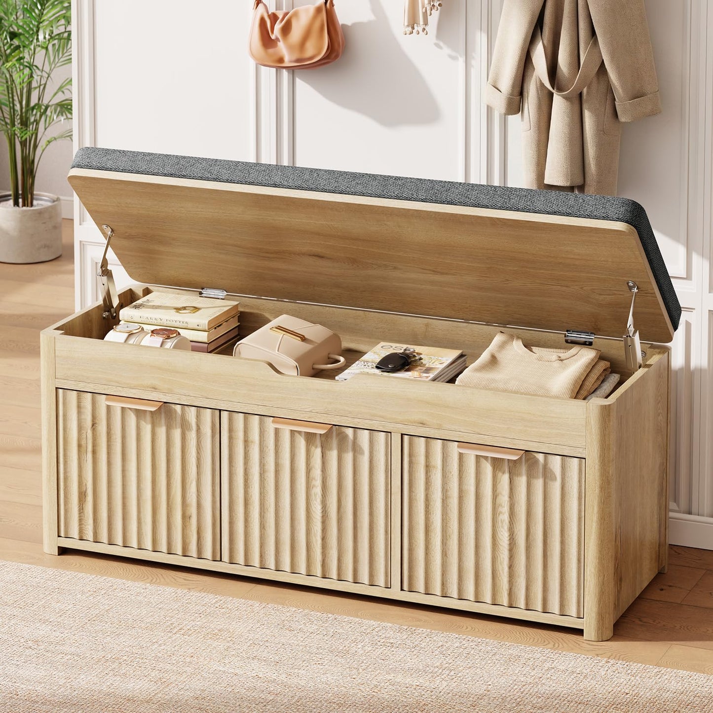 LOOMORA Shoe Bench with Storage - Lift Top Entryway Bench with Hidden Storage, Shoe Rack with Adjustable Shelves and Cushioned Seat, Wooden End of Bed Bench for Bedroom, Living Room and Hallway,Nature