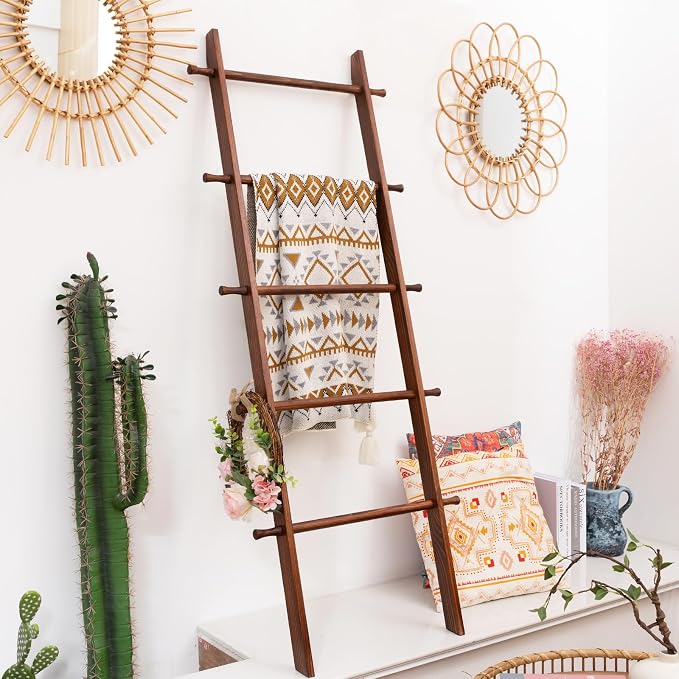Blanket Ladder, 5-Tier Wooden Quilt Stand, Decorative Ladder Shelf, Farmhouse Ladder Blanket Holder, Wall Leaning Towel Storage Rack for Living Room, Brown
