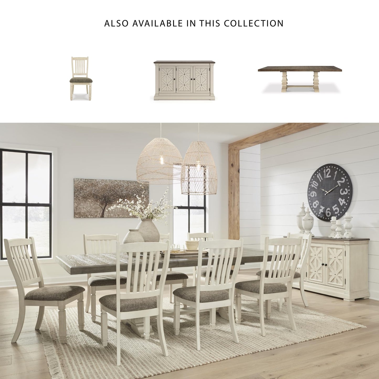 Signature Design by Ashley Bolanburg Farmhouse Extension Dining Table with Removable Center Leaf and Trestle Base, Dark Brown & White