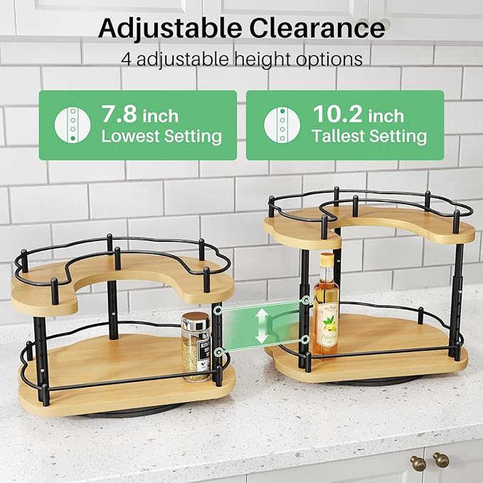 Lazy Susan Organizer Spice Rack - Spice Organization for Cabinet Height Adjustable Rotating Lazy Turntable, Pantry Kitchen Wood Revolving Seasoning Organizer (Natural, 12 Inch)