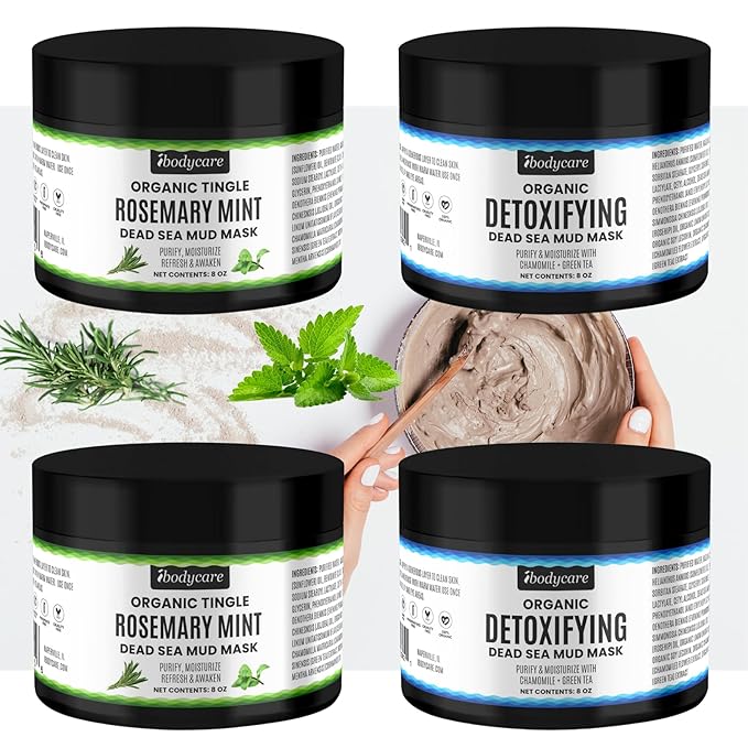 Dead Sea Mud Mask 4 Pack 2 Detox and 2 Rosemary Mint Hydrating Clay Masks with Bentonite and Kaolin Clay Whipped Texture Non Drying Pore Minimizer for Face 8 oz Each, 4 jars