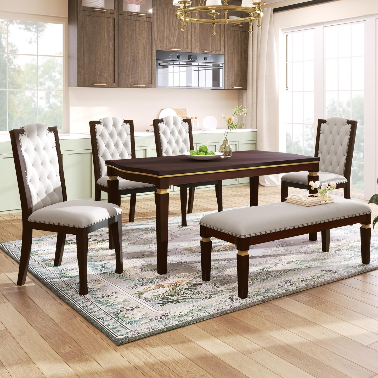 Merax 6-Piece Solid Wood Dining Table Set, Modern Elegant 60" Rectangular with 4 High-Back Tufted Upholstered Chairs + 1 Bench for Kitchen Room, Espresso