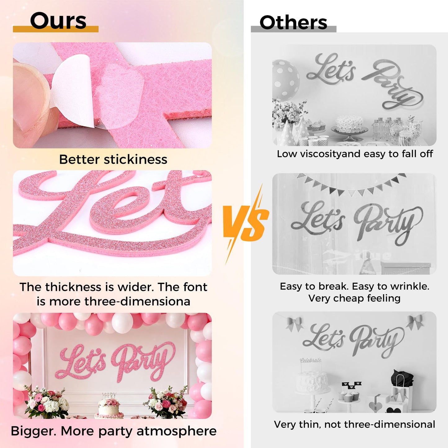 Babenest Let's Party Felt Sign, Flash Pink Reusable Glitter Letter Banner for Backdrop, Balloon Arch Decor, Party Supplies for Graduation, Birthday, Wedding, Bachelorette, Christmas, Home Bar, Man Cave Wall Decorations