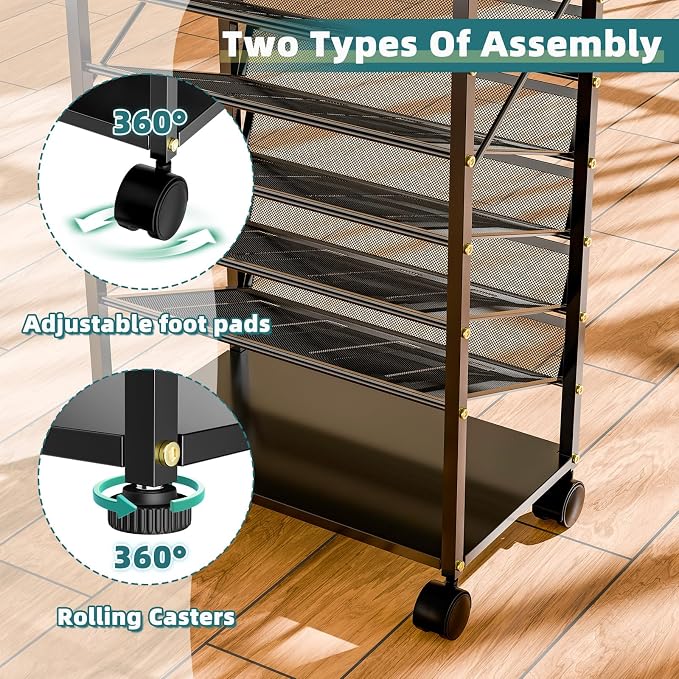 Ekisemio 15 Tier Rolling File Cart, Sturdy and Durable Desk File Organizer with Metal Mesh Letter Tray, Heavy-Duty Rolling Clutter Cart for Office, Home, School, Black