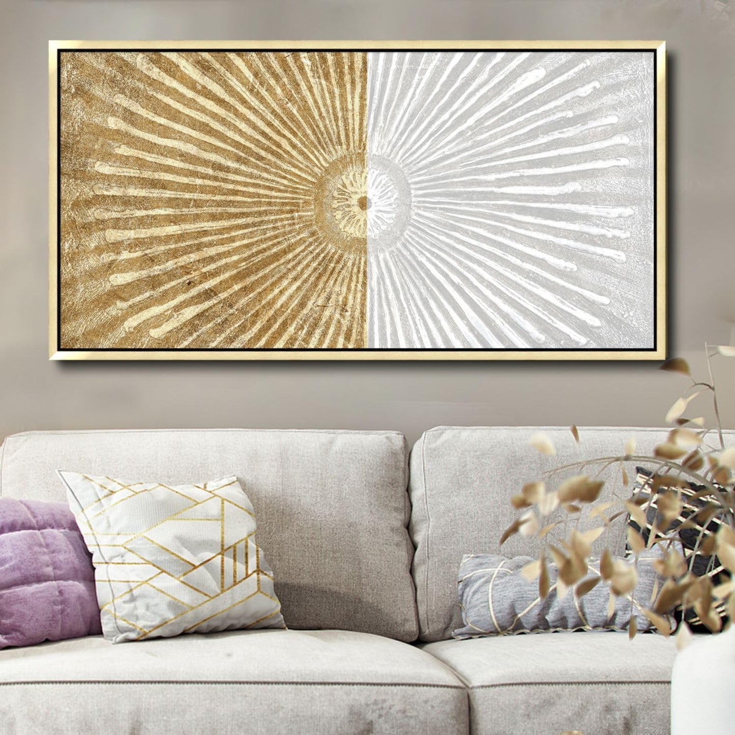 20"x40" Framed Canvas White and Gold Wall Art Symmetrical Line Abstract Modern Wall Decor Art for Living Room Bedroom Bathroom Office Wall Decor