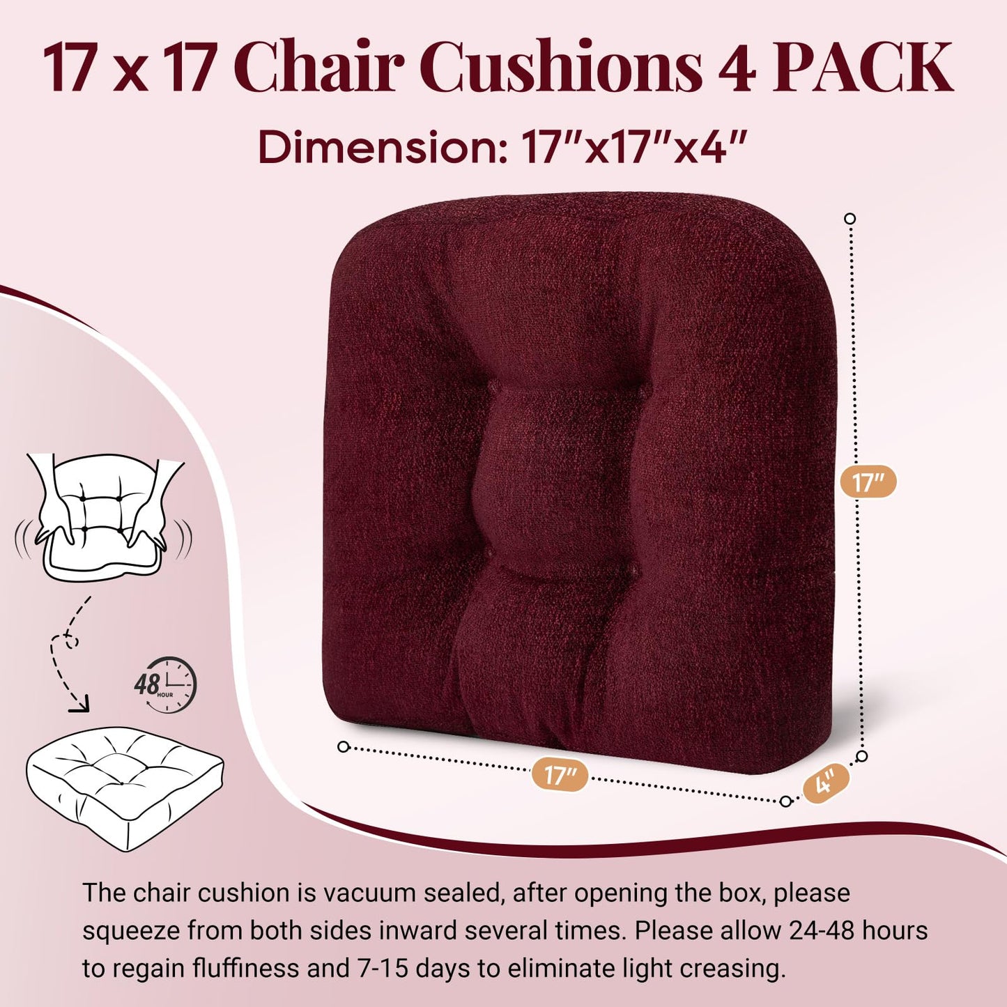 Basic Beyond Chair Cushions for Dining Chairs, Non-Slip Chair Pads, Thick Seat Cushions for Dining Room Chairs, Kitchen Chair Cushions Set of 4, 17" x 17" x 4", Burgundy