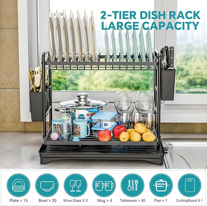 Simple Trending Dish Rack, Dish Drying Rack 2 Tier, Stainless Steel Dish Drainers with Utensil Holder and Drainboard for Kitchen Sink Organizers, 12" w x 16.6" L, Black
