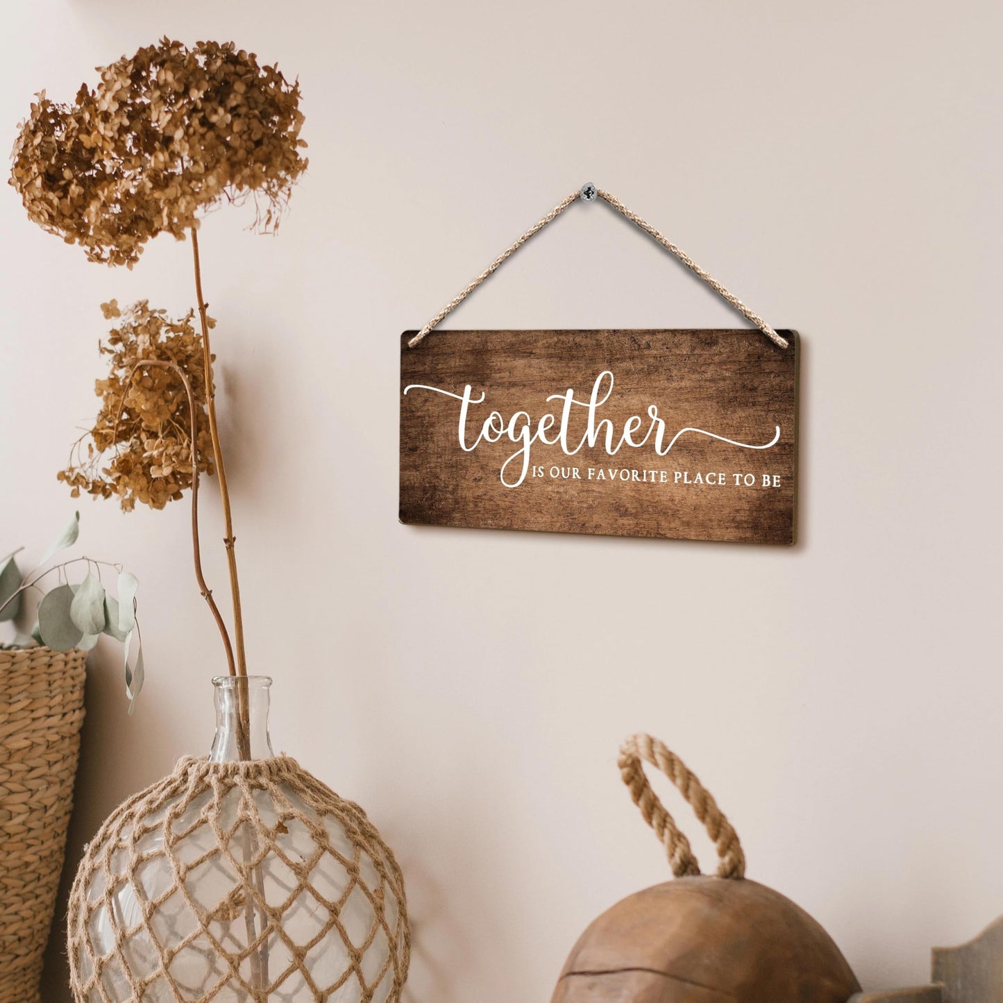 FUGWN Together Is My Favorite Place to Be Hanging Wooden Signs 12x6, Rustic Farmhouse Family Wall Decor Wood Plaque Hanging Decorations for Home Living Room Couples Bedroom Door Decor
