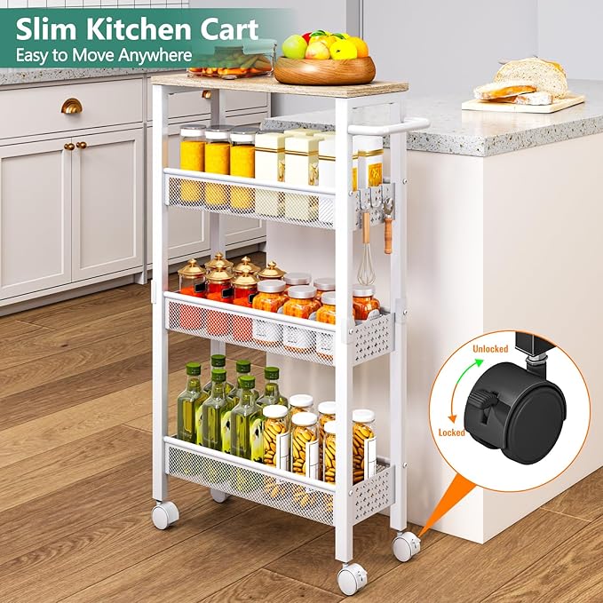 Vivihomety Utility Slim Storage Cart, 4 Tier Small Rolling Kitchen Laundry Room Cart with Wood Top, Metal Bathroom Storage Cabinet Mobile Shelf Unit Organizer Trolley with Handle for Narrow Space