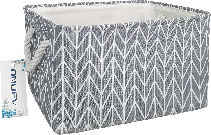Thick Collapsible Rectangular Storage Bin with Cotton Rope Handles,Grey Chevron Fabric Organizer for Bedroom,Closet,Bathroom (Grey Chevron)