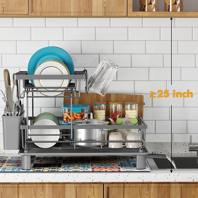 2 Tier Dish Drying Rack, Large Dish Racks for Kitchen Counter with Drying Mat, Detachable Dish Drainer Organizer, Rust-Resistant Space-Saving Dish Rack with Drainboard and Utensil Holder,Gray