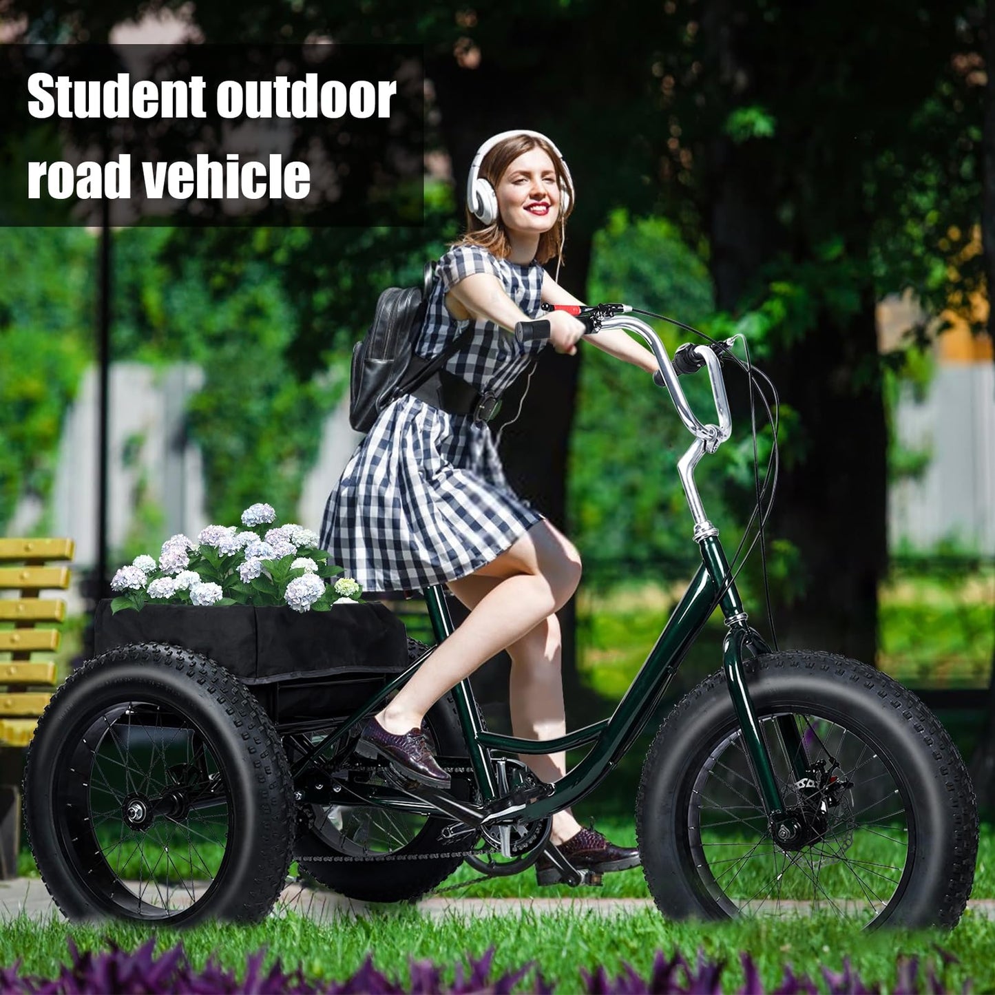 Fat Tire Tricycle, Adult 7-Speed Trike with 4-Inch Tires, Adjustable Seat & 450 lbs Weight Capacity, Large Shopping Basket with Waterproof Bag, 2 Disc Brakes for Gravel & Snow Roads Black 68"*34"