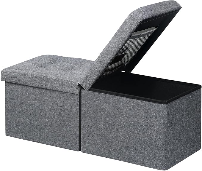 AmasSmile Storage Bench Folding Ottoman Foot Rest Stool, 34 inch Grey Linen Footstool, Short Ottoman Bench, Foot Rest Store as Books, and Blanket Storage or Others