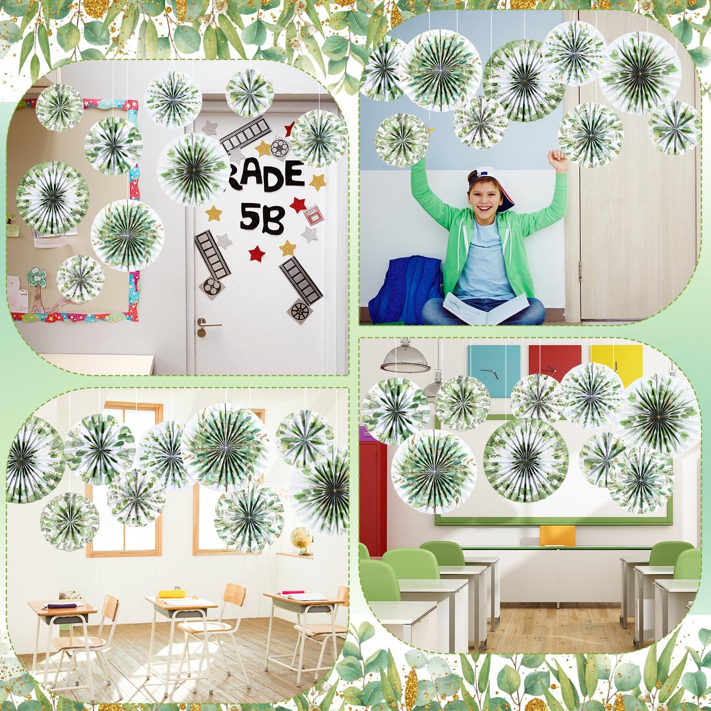 Weekgrat 18 Pcs Eucalyptus Hanging Paper Fans Decor Back to School Paper Fans Eucalyptus Round Garlands Bulletin Board Classroom Decorations for Party Supplies Classroom Decor