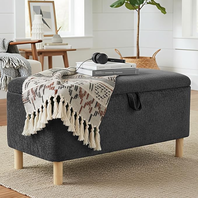COLAMY Ottoman with Storage, Storage Ottoman Bench, End of Bed Storage Bench, Square Ottoman Foot Rest, Entryway Bench with Seating and Wood Legs for Living Room, Bedroom, Dark Grey