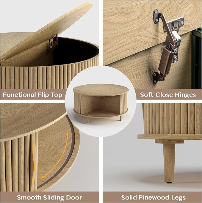 JOINICE,Round Coffee Table with Storage, 31.5" Natural Oak Fluted Center Table with Sliding Door, Modern Circle Drum Table for Living Room, Scandi Wood Furniture for Small Spaces
