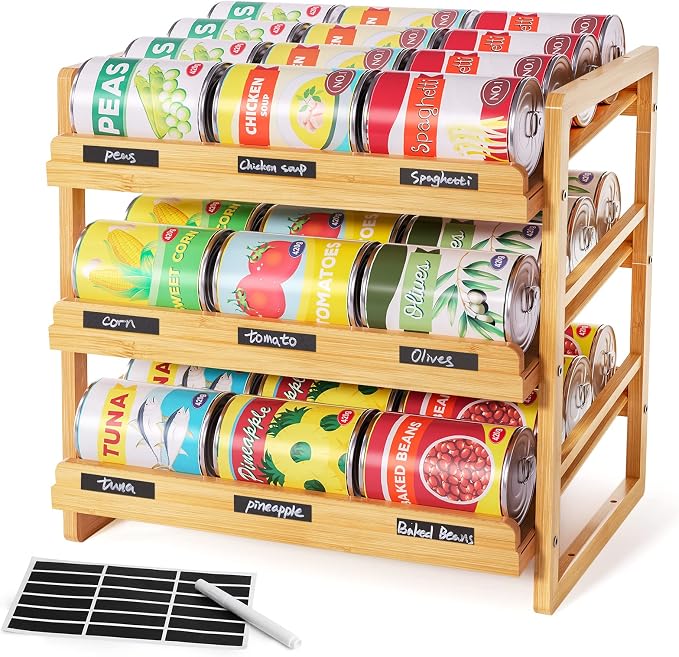 Yumkfoi Bamboo Can Organizer for Pantry, 3 Tier Stackable Can Storage Organizer Pantry with Label Sticker and Marker Pen, Can Holders for Cabinet and Can Rack Organizer (Natural Bamboo)