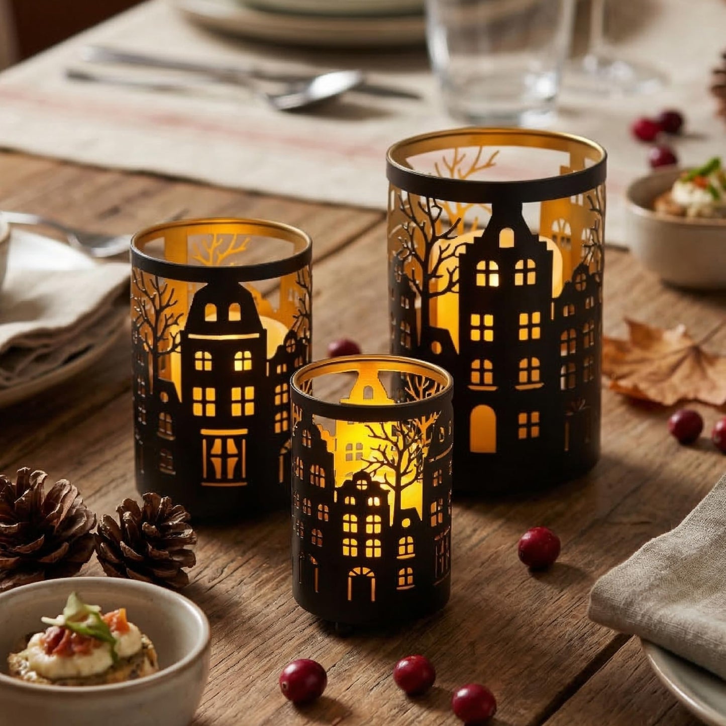 TRIROCKS Village Silhouette Candle Lantern 7.5" H Etched Bronze Metal Candle Holder Decorations for Living Room Tabletop Parties Patio Entryway Indoors Outdoors(3PCS)