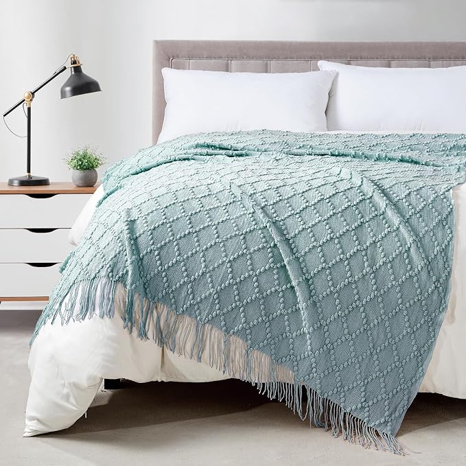BOURINA Aqua Throw Blanket 50 x70 Inches Jacquard Argyle Throw Textured Solid Soft Throws and Blankets for Sofa or Bed Knitted Decorative Blanket