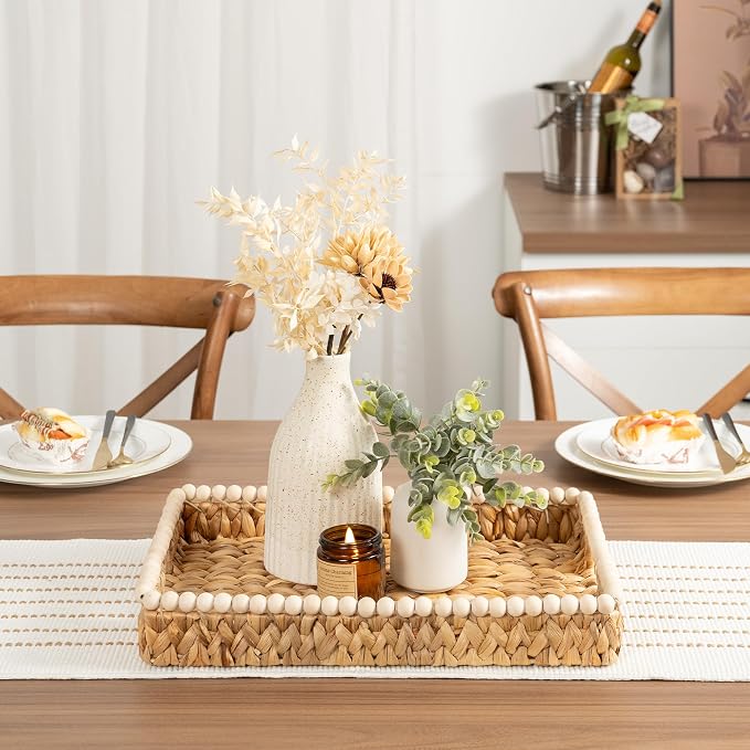 StorageWorks Rectangle Decorative Trays for Home Decor Farmhouse, Wicker Coffee Table Tray Decor with Wooden Beads and Handles, Large Woven Dining Room Decor Tray for Kitchen Counter, Living Room
