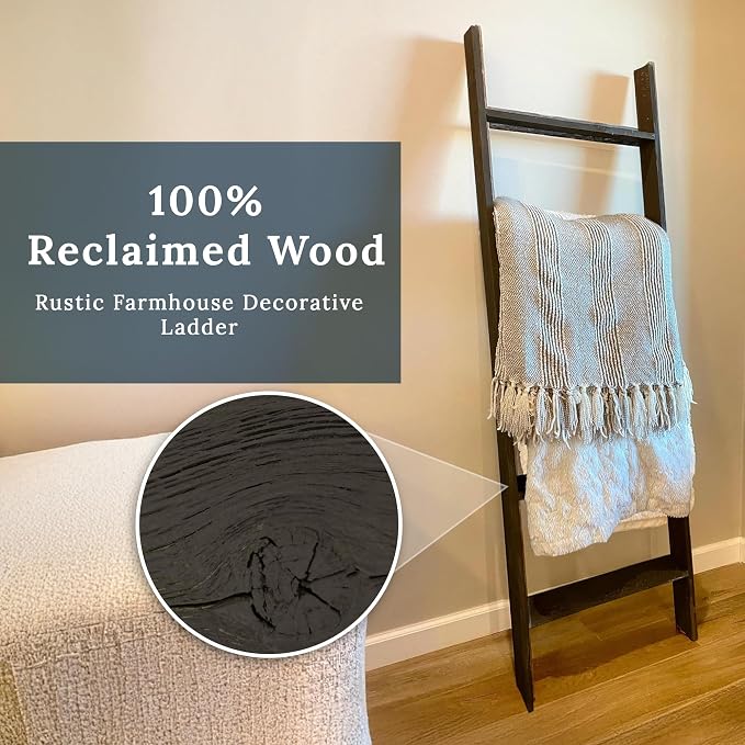 BARNWOODUSA Throw Blanket Ladder – Fully Assembled Reclaimed Wood – Rustic Decorative Ladder for Towels, Quilts, & More – Perfect Farmhouse Decor for Bathroom, Porch, or Living Room,5ft18.