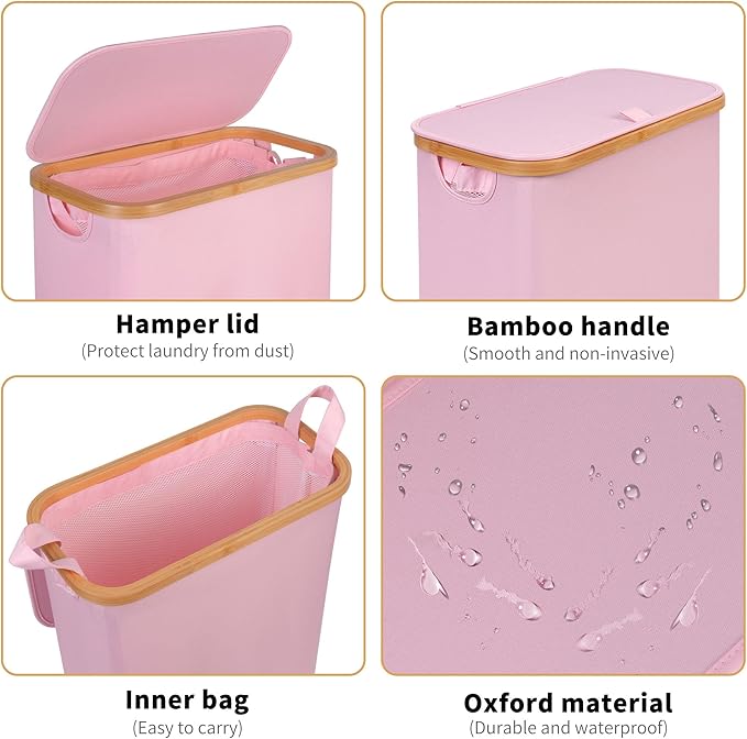 iEGrow 65L Slim Laundry Hamper, Narrow Laundry Basket with Lid,Foldable Clothes Hamper with Bamboo Handles,Hamper Basket with Removable Inner Bag for Laundry Room Bedroom College Dorm,17.17 Gals Pink