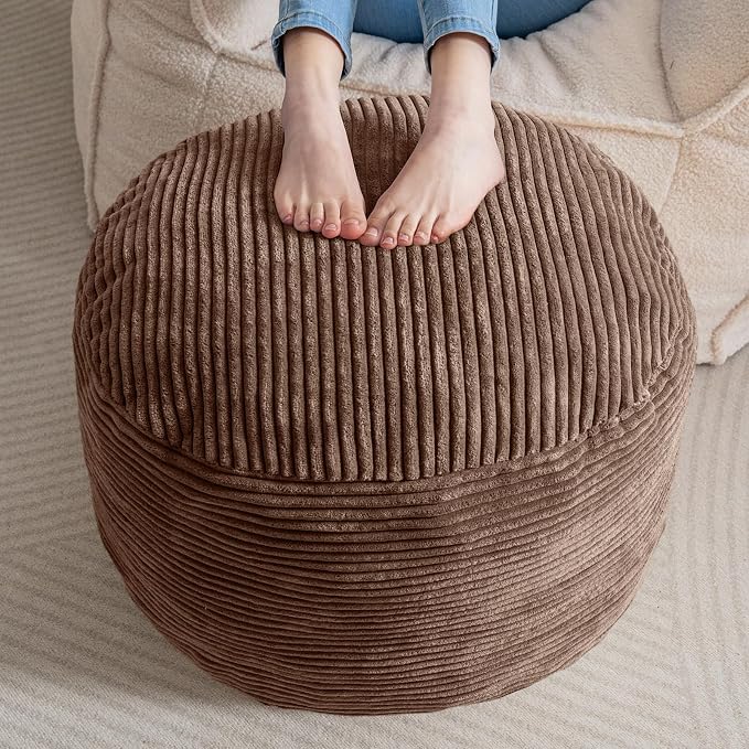 HIGOGOGO Round Stuffed Pouf Ottoman, Corduroy Poufs with Foam Chunk Filling, Furry and Fluffy Pouf Foot Stool Storage Ottoman, 20 X 15 Floor Poufs Foot Rest for Living Room, Brown