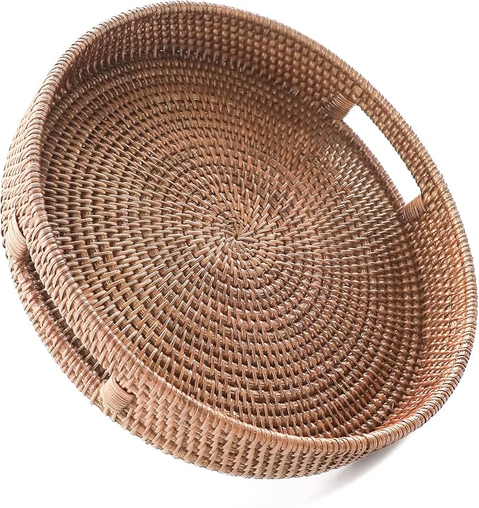 HITOMEN 11.8" Hand-Woven Round Rattan Serving Tray Decorative Wicker Trays with Handles for Coffee Table (Warm Brown-M)