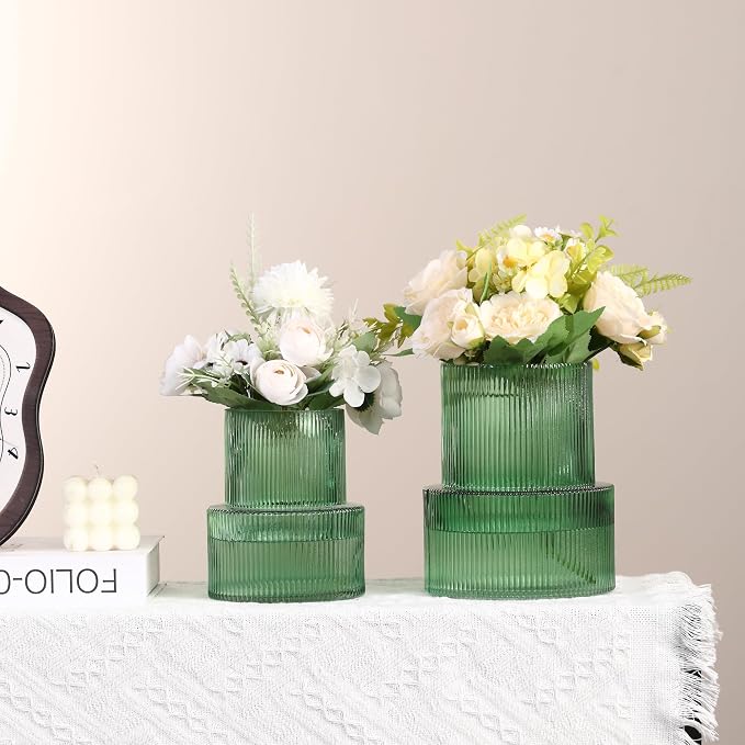Ribbed Glass Vases for Bouquet, Set of 2 Green Vases for Flowers, Green Glass Vase for Tulips, Modern Vase for Living Room, Office, Coffe Table, Dining Table, Shelf, Wedding
