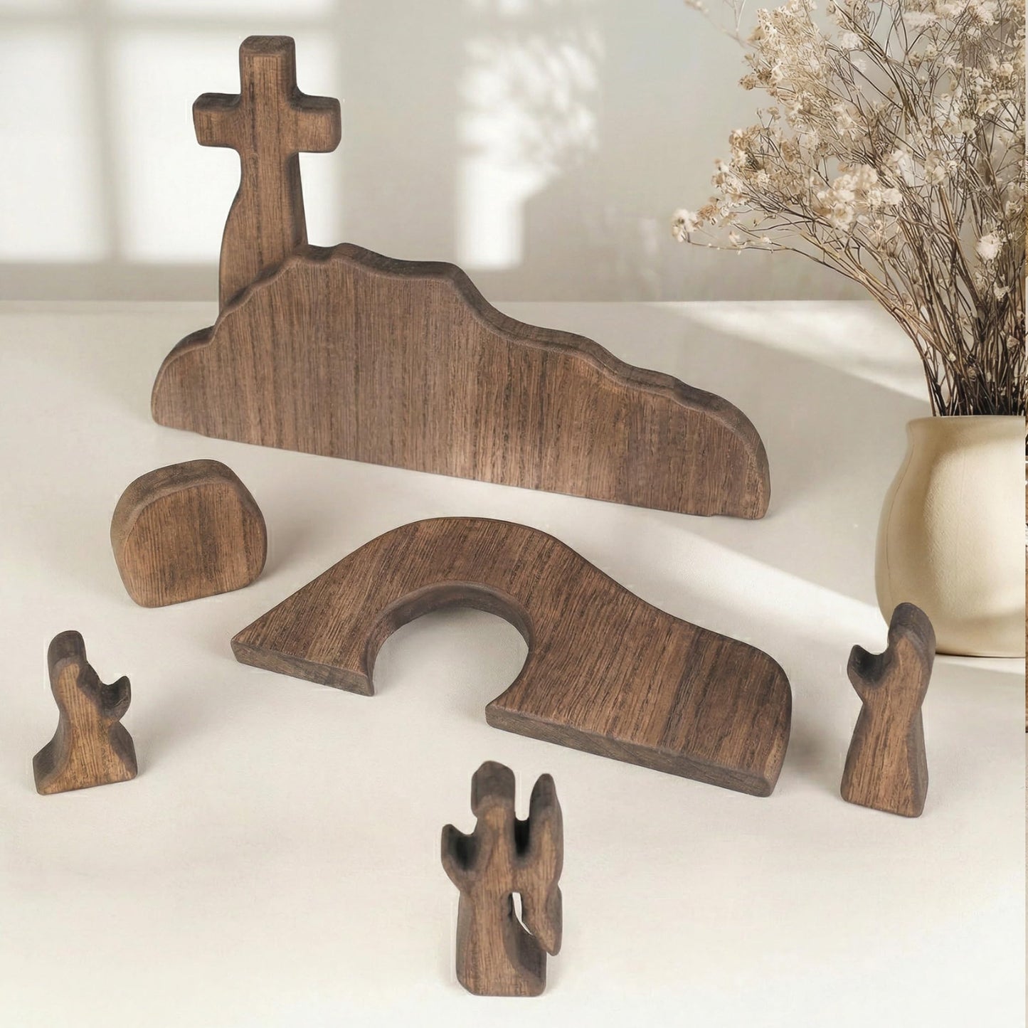 NEROSUN Empty Tomb Easter Scene and Cross Decoration, Wooden Jesus Resurrection Nativity Set, Religious Christian Tabletop Decor for Home Office Christian