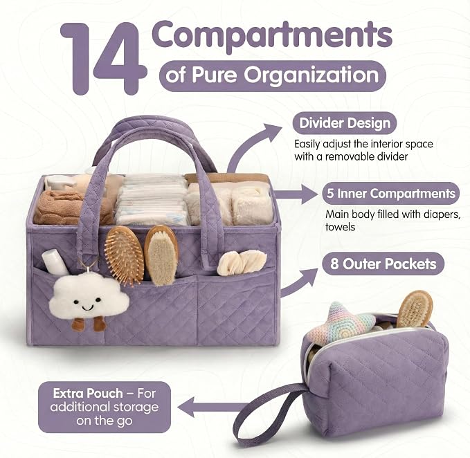 PeraBella Baby Diaper Caddy Organizer, Baby Basket Shower Gift, Portable Changing Table Basket, Postpartum Caddy & Tote Bag Pouch, Newborn Boy & Girl Nursery Essentials Registry, Car Diaper Organizer