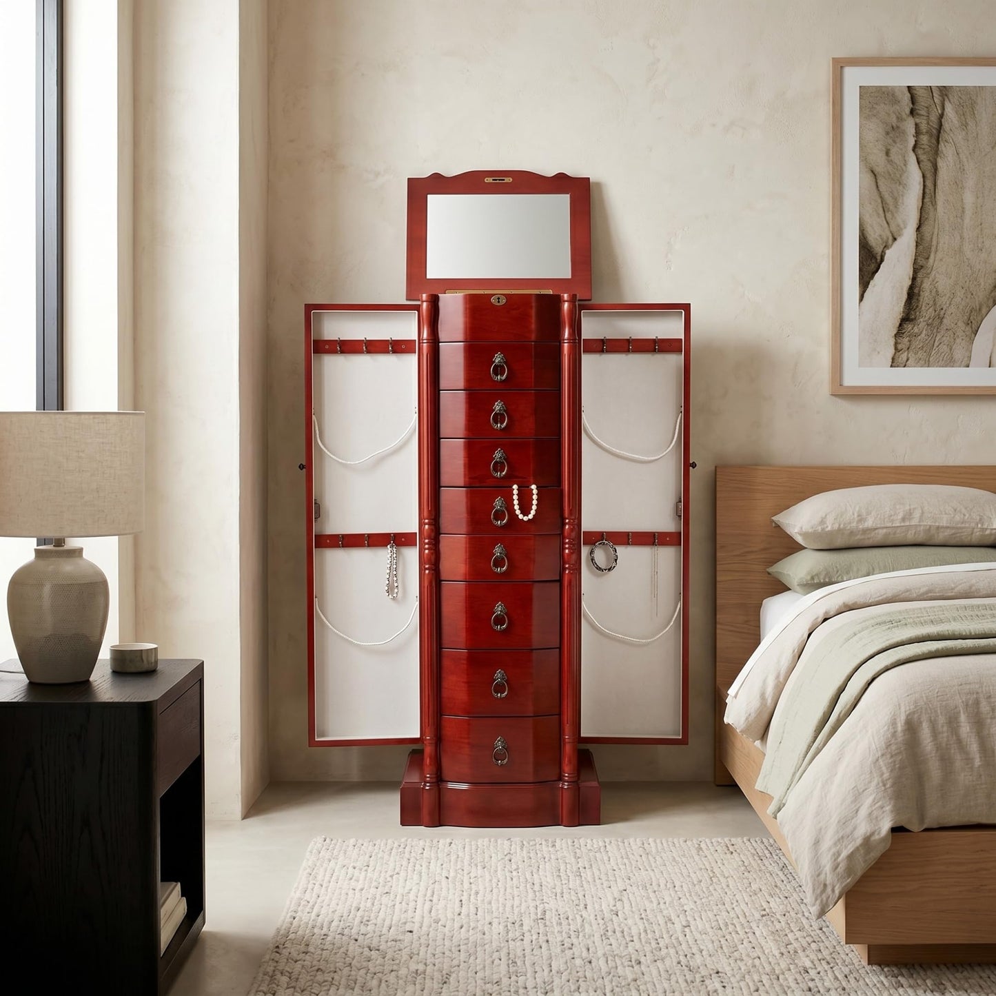 Hives and Honey Robyn Standing, Locking Antique Organizer with Mirror, 8 Drawers, Necklace Hooks, Anti-Tarnish Lining, Fully Assembled, Solid Wood Jewelry Armoire, 38"H x 14"W x 10"D, Cherry