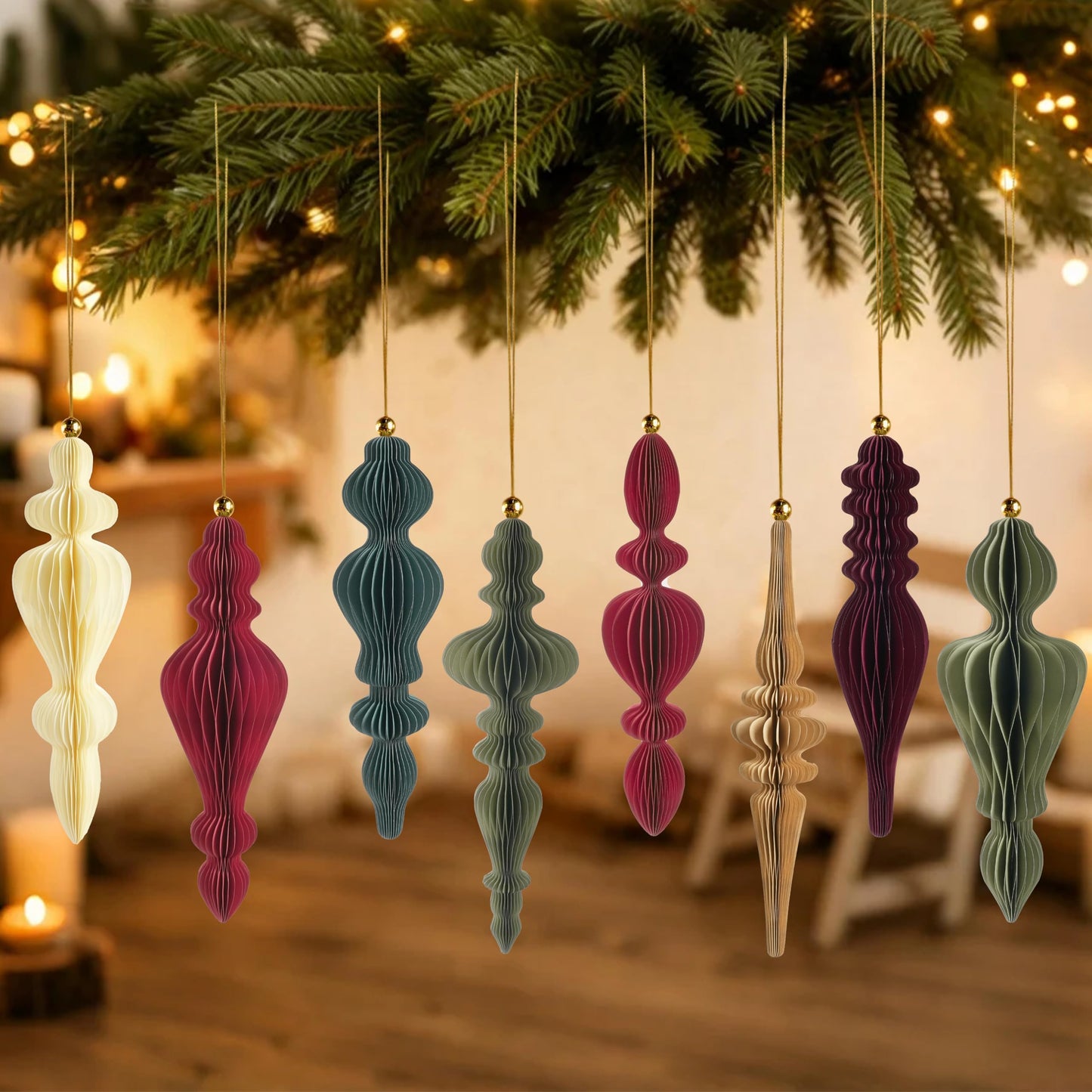 12Pcs Finial Christmas Ornaments for Tree, 3D Paper Honeycomb Hanging Decorations Neutral Boho Christmas Honeycomb Ornaments Lanterns for Xmas Tree Winter Wedding New Year Holiday Party Home Decor