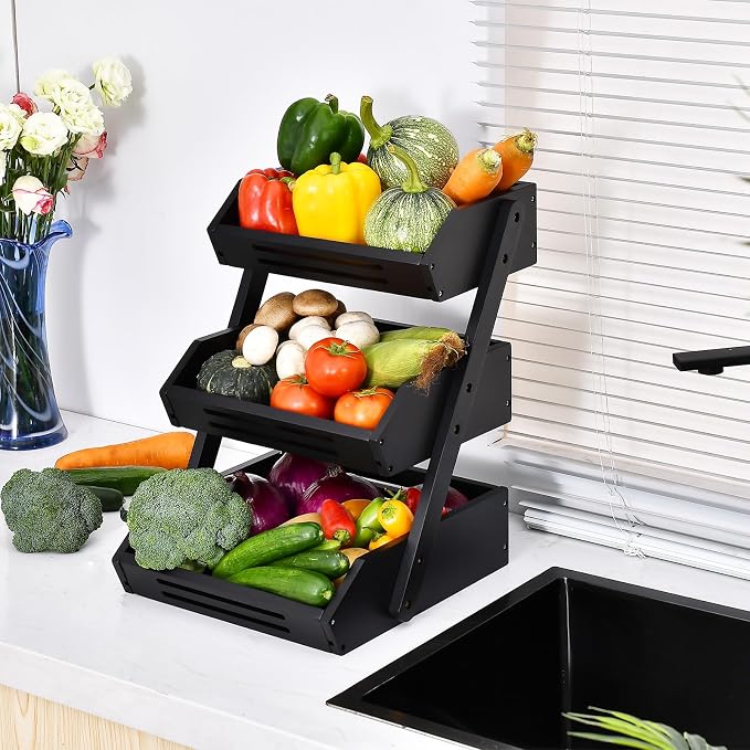 VIKEYHOME Fruit Basket, 3 Tier Bamboo Fruit Bowl for Kitchen, Fruit Vegetables Stand Storage Holder, Idea Home Kitchen Countertop Organizer