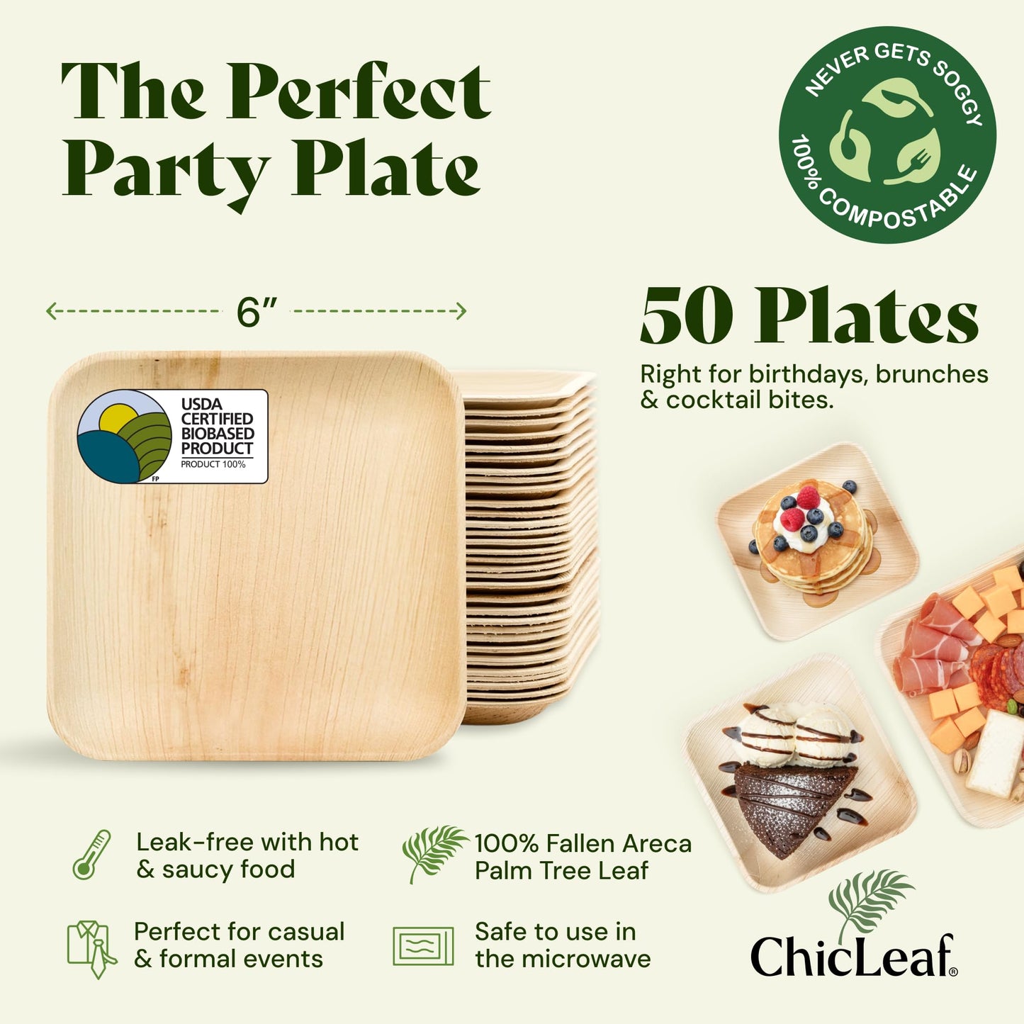 Chic Leaf Palm Leaf Compostable Plates - 6" Square, Pack of 50 - Disposable Dinnerware for your Table, Rustic Bamboo Appetizer Plates - Summer Dinner, Charcuterie Boards & Biodegradable Serviceware