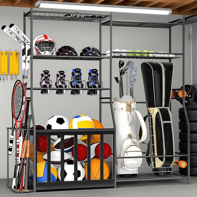 Garage Sports Equipment Organizer with Golf Bag Stand, Balls Storage Rack, and Toy Organizer ??Durable Indoor/Outdoor Multi-Use Rack for Kids' Gear and Seasonal Items