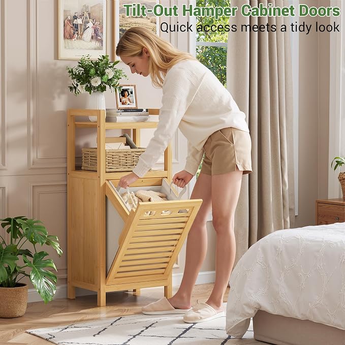 Homykic Tilt Out Laundry Hamper, 10 Gal Bamboo Laundry Storage Cabinet with Removable Basket, Hidden Hamper Organizer with Shelf for Dirty Clothes, Bathroom, Laundry Room, Space Saving, Natural