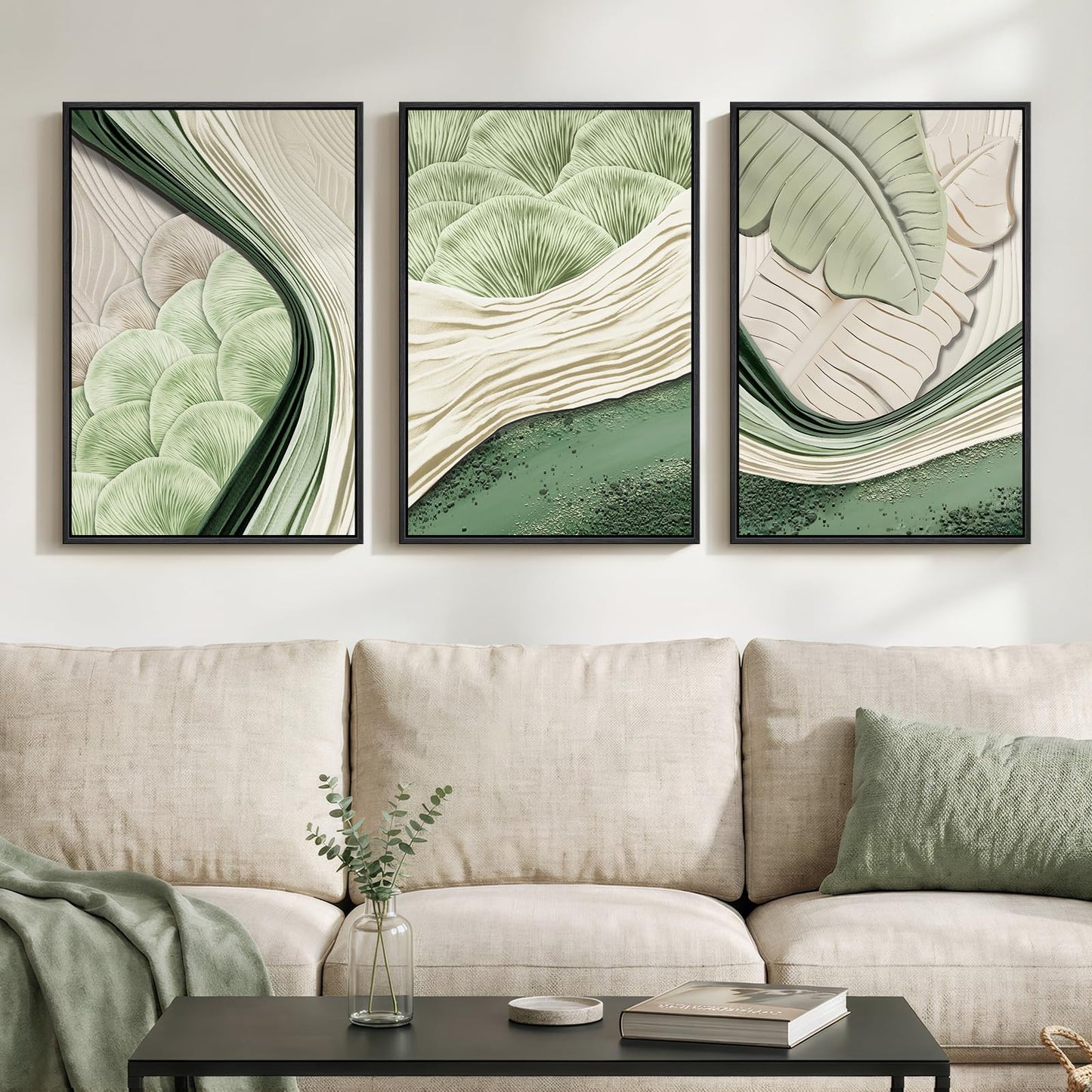 Framed Green Abstract Wall Art Bedroom, 3 Piece Botanical Modern Minimalist Canvas Print Artwork for Walls, Leaf Paintings Pictures for Small Living Room Dining Room Office Wall Art Decor, 16x24 Inch