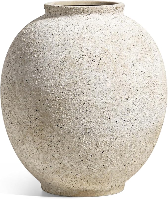 Large White Ceramic Vase - 9.8 Inch Rustic Farmhouse Flower Vase for Home Decor, Minimalist Tall Vases for Living Room, Table, Bathroom, Holiday & Weddings (Sandstone Yellow)