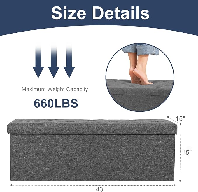 DUMOS 43 Inch Folding Storage Ottoman Bench, Large Hidden Storage Chest with Thicker Foam Padded Seat, End of Bed Foot Rest Stool for Bedroom Living Room Entryway, Load 660 lbs, Grey