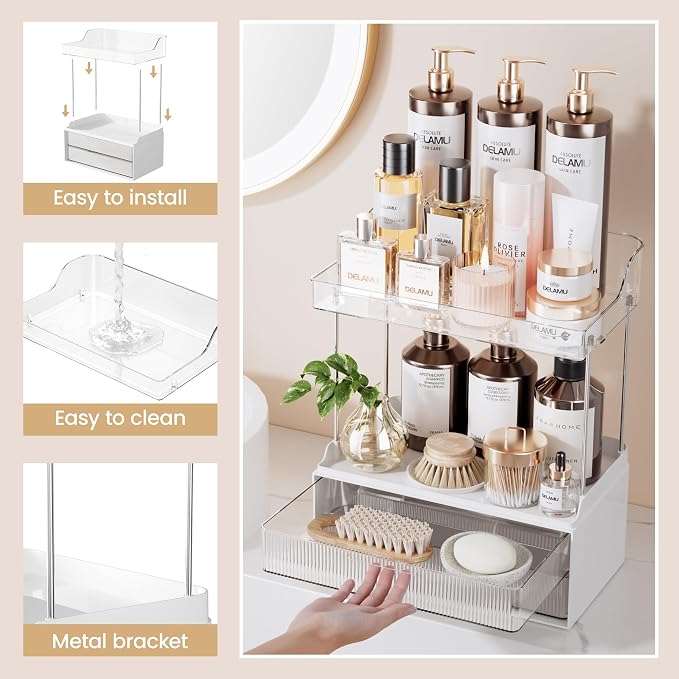Delamu Bathroom Organizers and Storage, 2 Tier 2 Drawer Makeup Organizer Countertop, Easy to Install, Ideal for Bathroom Counter, Vanity, Ideal for Women Girls, Clear 2Pack