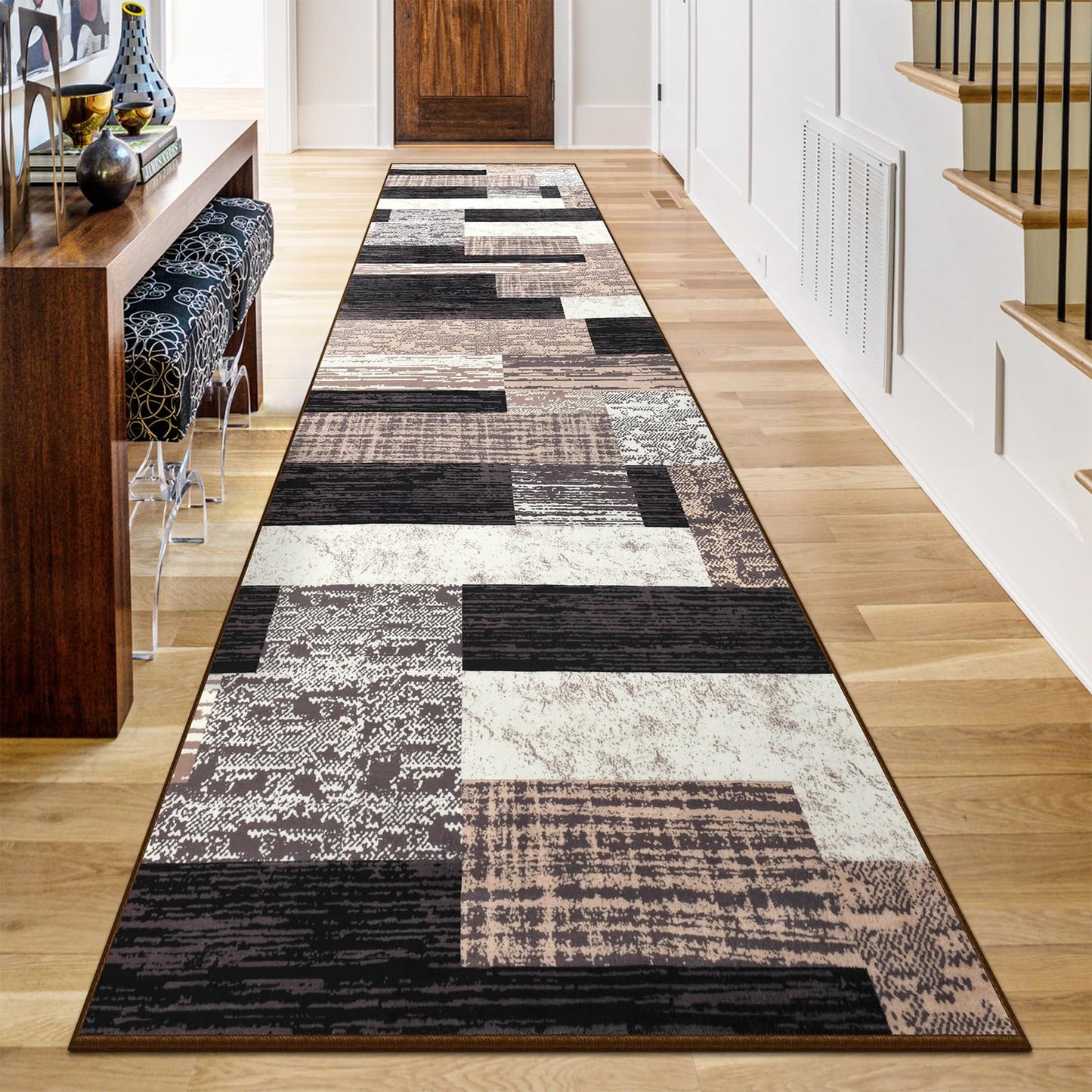 Indoor Runner Rug, Washable Runner Rug with Rubber Backing, Modern Geometric Patchwork Aesthetic Carpet for Bedroom, Living Room, Hallway, Entryway,Washable Rugs Rockwood Collection,2.7x10Ft Chocolate
