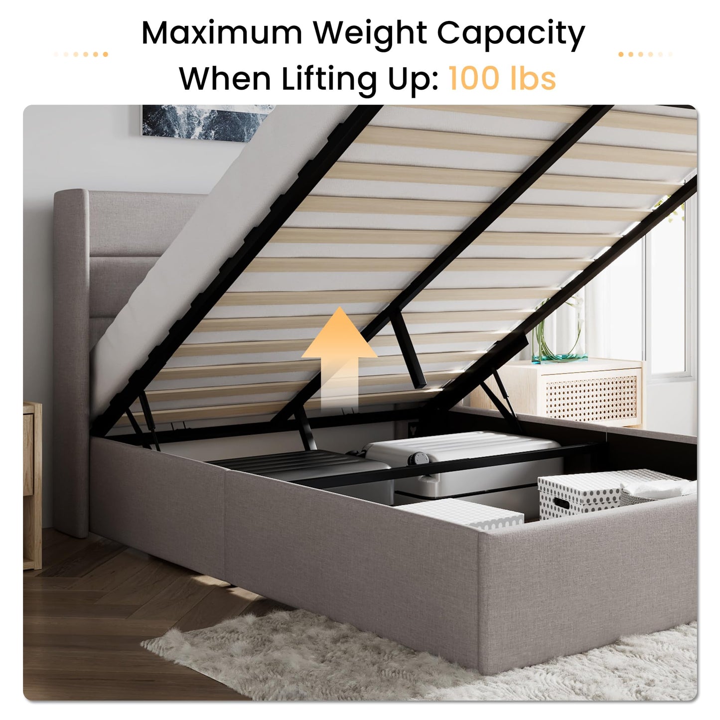 SHA CERLIN Queen Size Lift Up Storage Bed/Modern Wingback Headboard/Upholstered Platform Bed Frame/Hydraulic Storage/No Box Spring Needed/Wood Slats Support/Light Beige