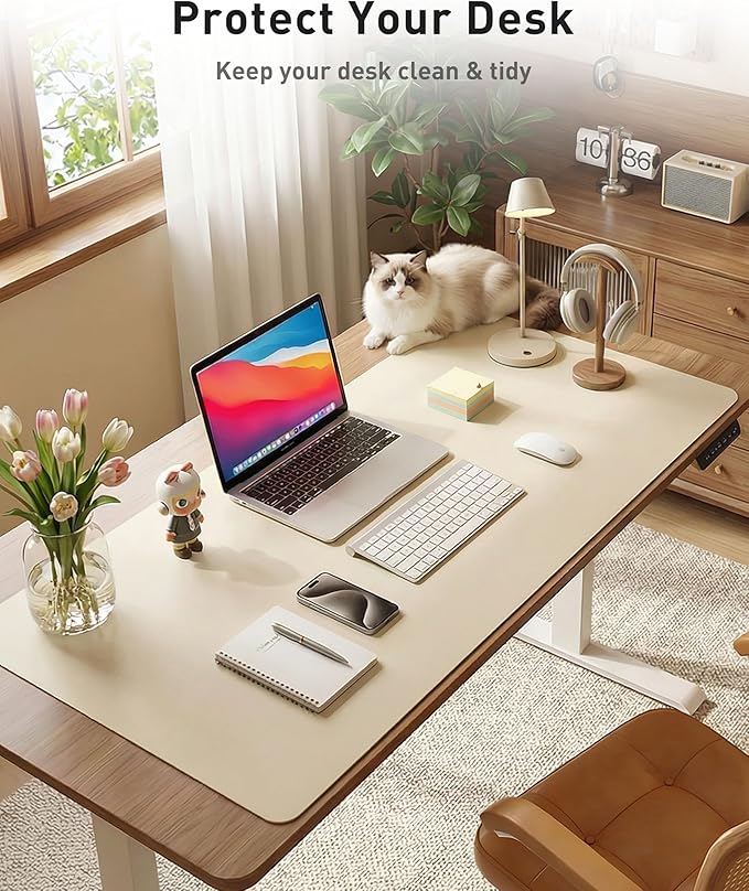 Aothia Faux Leather Desk Mat - Large Mouse Pad, Non-Slip PU Leather Blotter, Waterproof Writing Surface for Office and Home (Beige, 63" x 17")