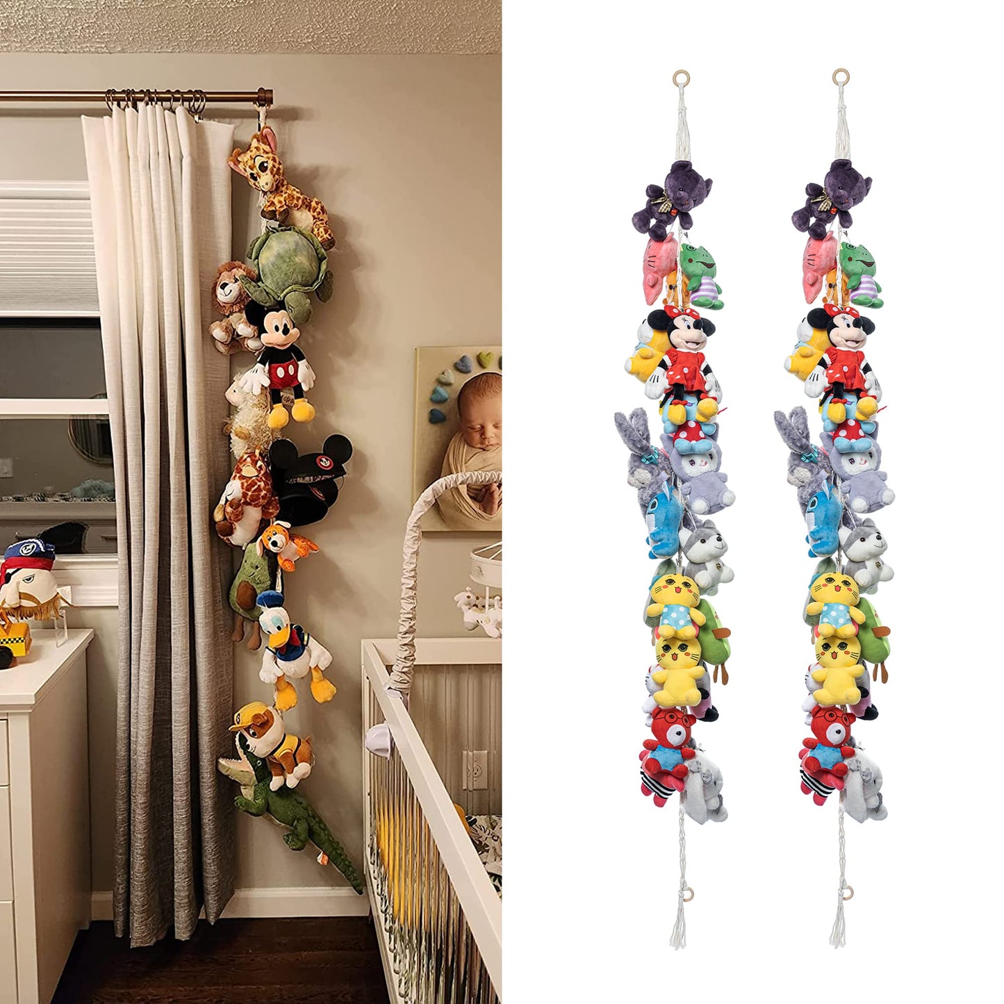 LONCHDAN 80" 2 Pack Cotton Hanging Storage Chain for Stuffed Animals Storage with 40 Metal Clips Stuffed Animal Organizer Chain for Wall Corner Nursery Play Room