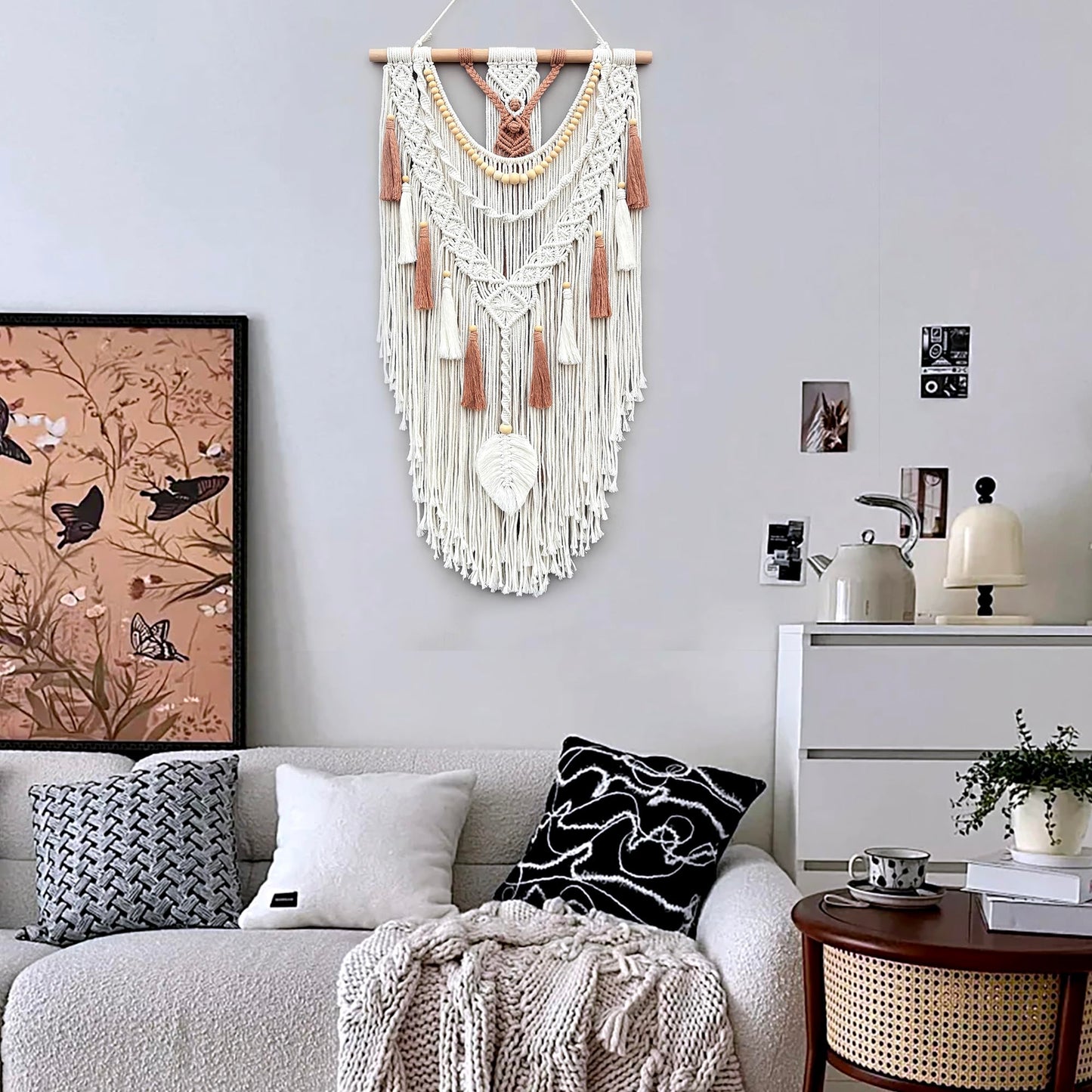 MEIZHIANDME Macrame Wall Hanging, Boho Woven Tapestry Wall Decor, Chic Bohemian Handmade Leaf Feather Wall Art Decorations for Bedroom Living Room Apartment Wedding Party (Leaf & Wood Bead)