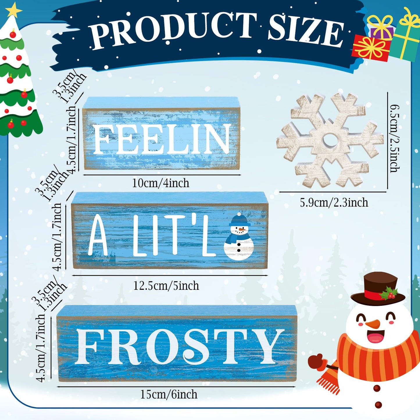 Yuntau 4 Pcs Winter Wooden Tabletop Decor Christmas Snowflake Tiered Tray Decor Rustic Wood Block Sign Gift Winter Centerpiece for Shelf Office Farmhouse Table Frozen Birthday Party Decoration