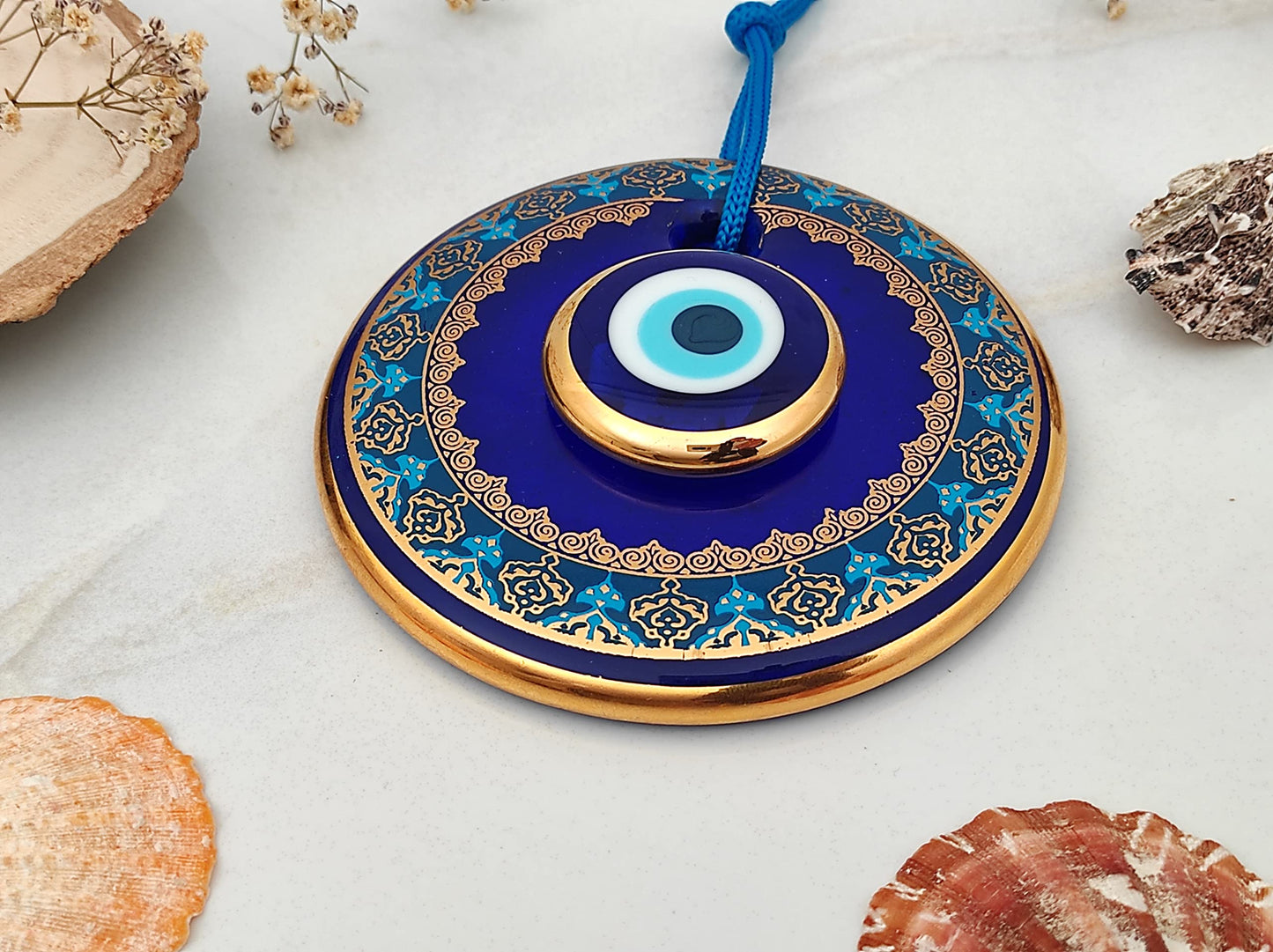 Erbulus 4.3" Glass Blue Evil Eye Wall Hanging Gold and Turquoise Floral Design Ornament – Turkish Nazar Bead - Home Protection Charm - Wall Art Amulet in a Box