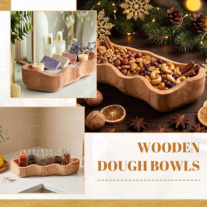 Nuogo 16 Inch Wavy Live Edge Dough Bowl Large Size Wood Rustic Dough Bowl Decorative for DIY Farmhouse Home Supplies Kitchen Decoration, Khaki