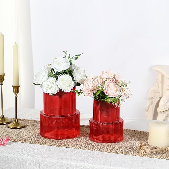 Ribbed Glass Vases for Bouquet, Set of 2 Red Vases for Flowers, Red Glass Vase for Tulips, Modern Vase for Living Room, Office, Coffe Table, Dining Table, Shelf, Wedding